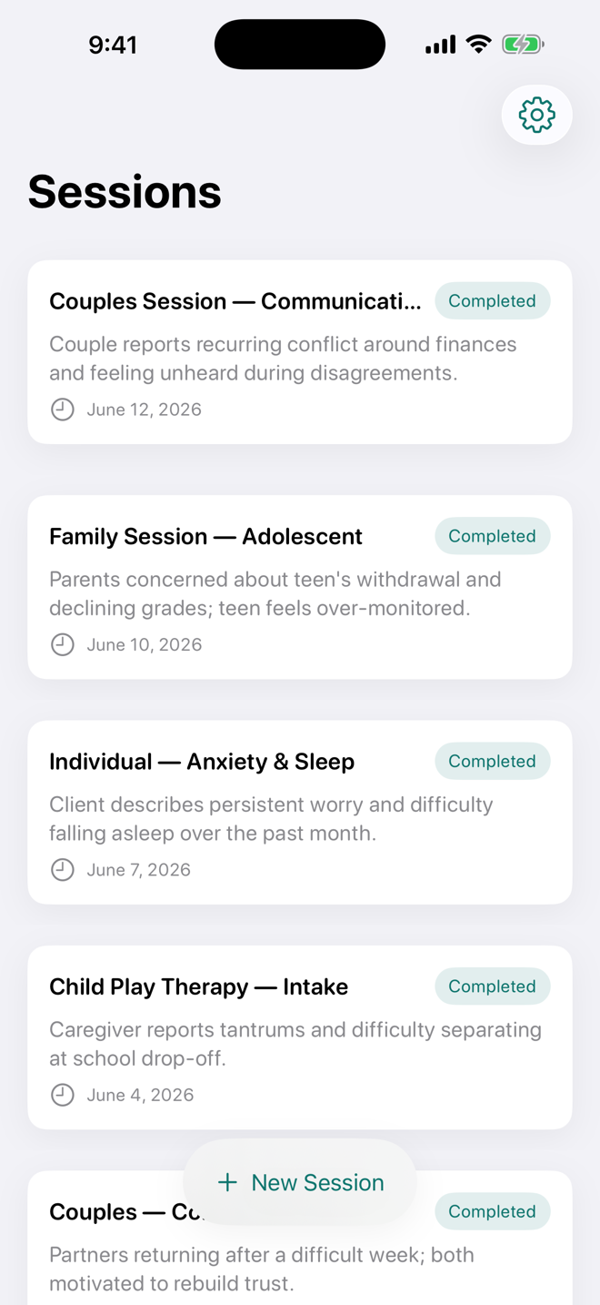 EchoCare Notes sessions list on iPhone: completed couples, family, and individual therapy sessions, each with a short summary