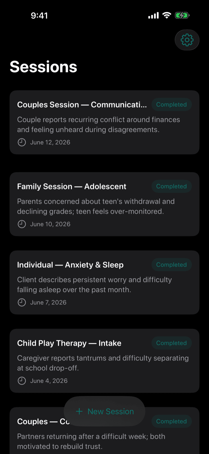 EchoCare Notes sessions list in dark mode with completed therapy-session examples.