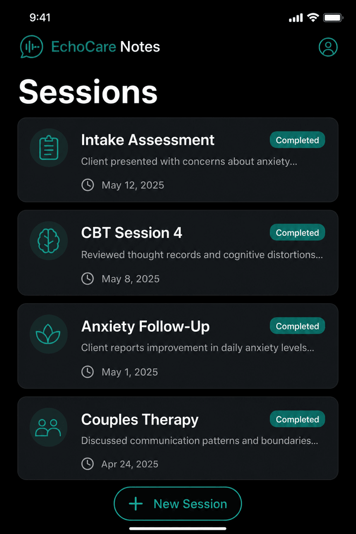 EchoCare Notes dark sessions overview showing completed clinical notes.
