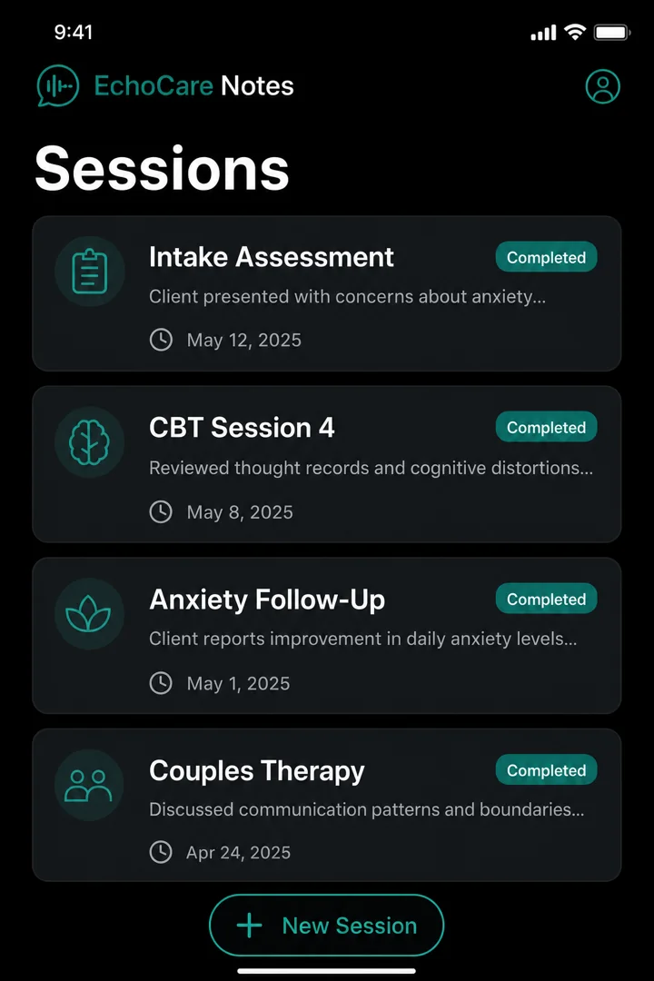 EchoCare Notes dark sessions overview showing completed clinical notes.