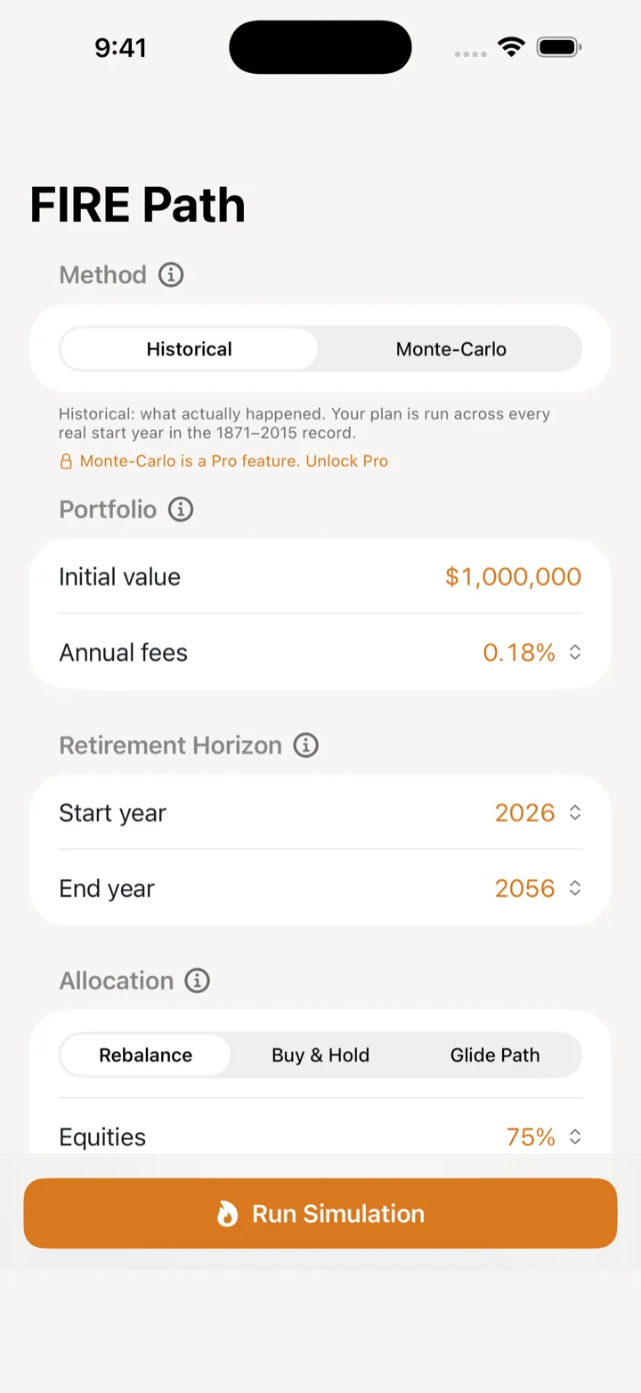 FIRE Path planning screen for entering savings, spending, and investment assumptions.