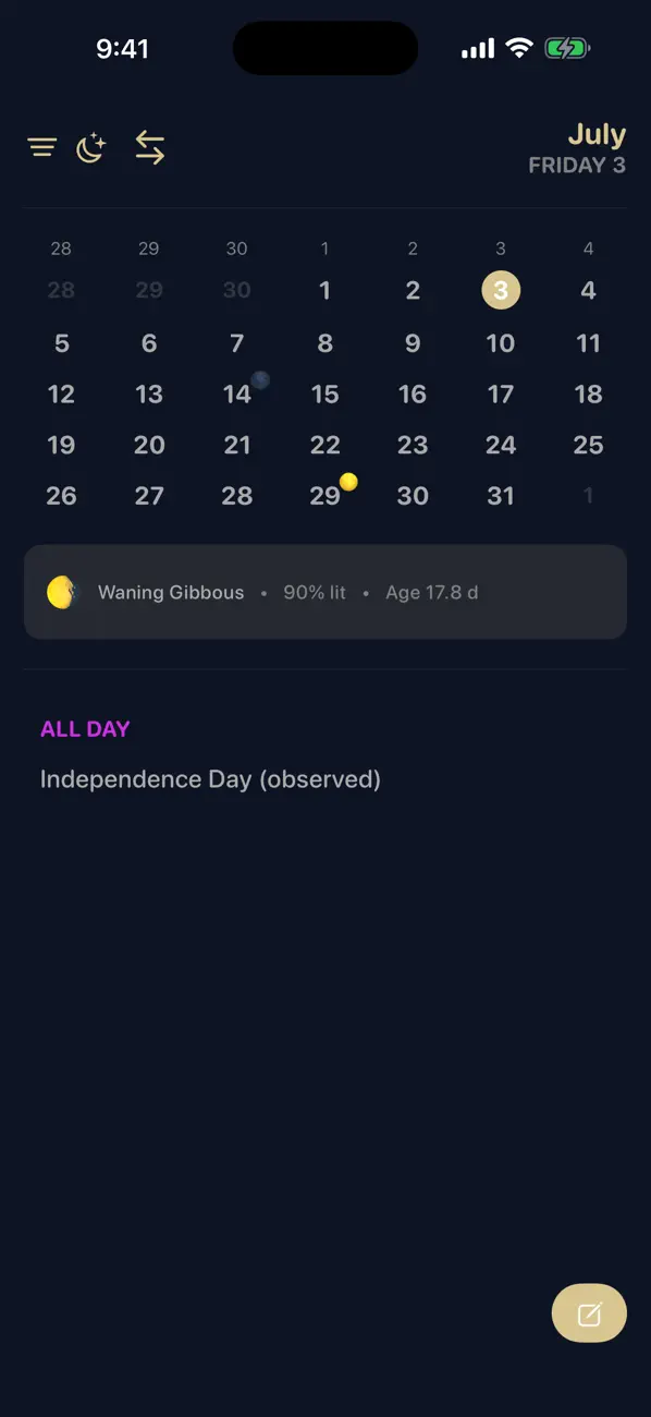 Lunaday dark calendar showing the moon phase and daily natural rhythms.