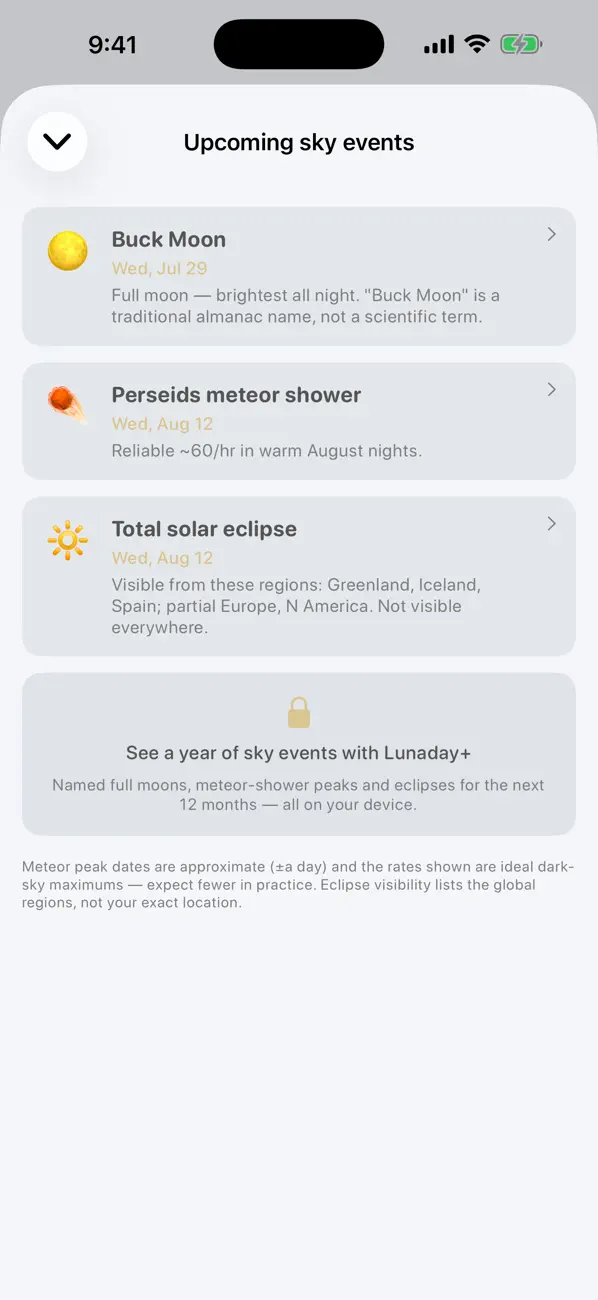 Lunaday upcoming sky events list with full moon, meteor shower, and eclipse entries.