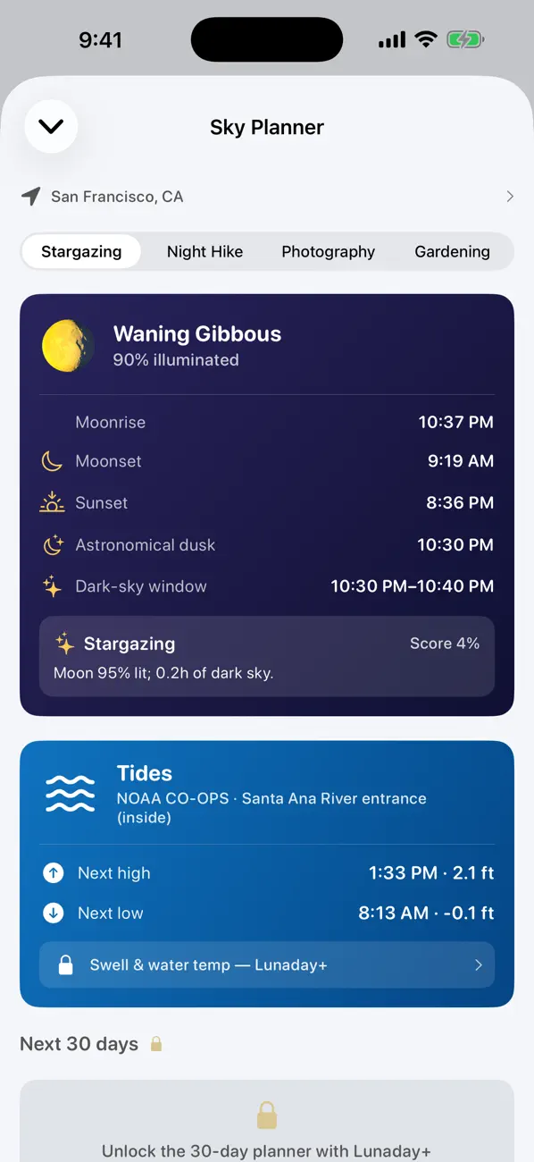 Lunaday sky planner with moon, daylight, and tide information.