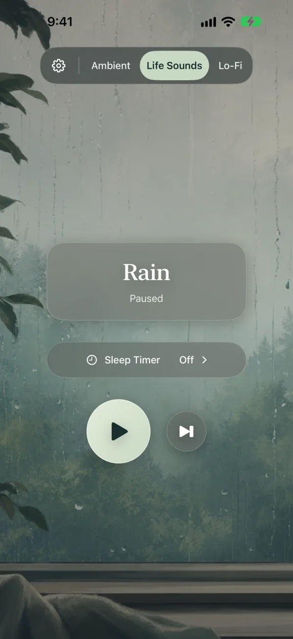 Sereni's Life Sounds theme on Rain, with rain running down a window.