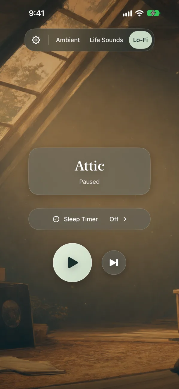 Sereni's Lo-Fi theme on Attic, a warm sunlit attic room.