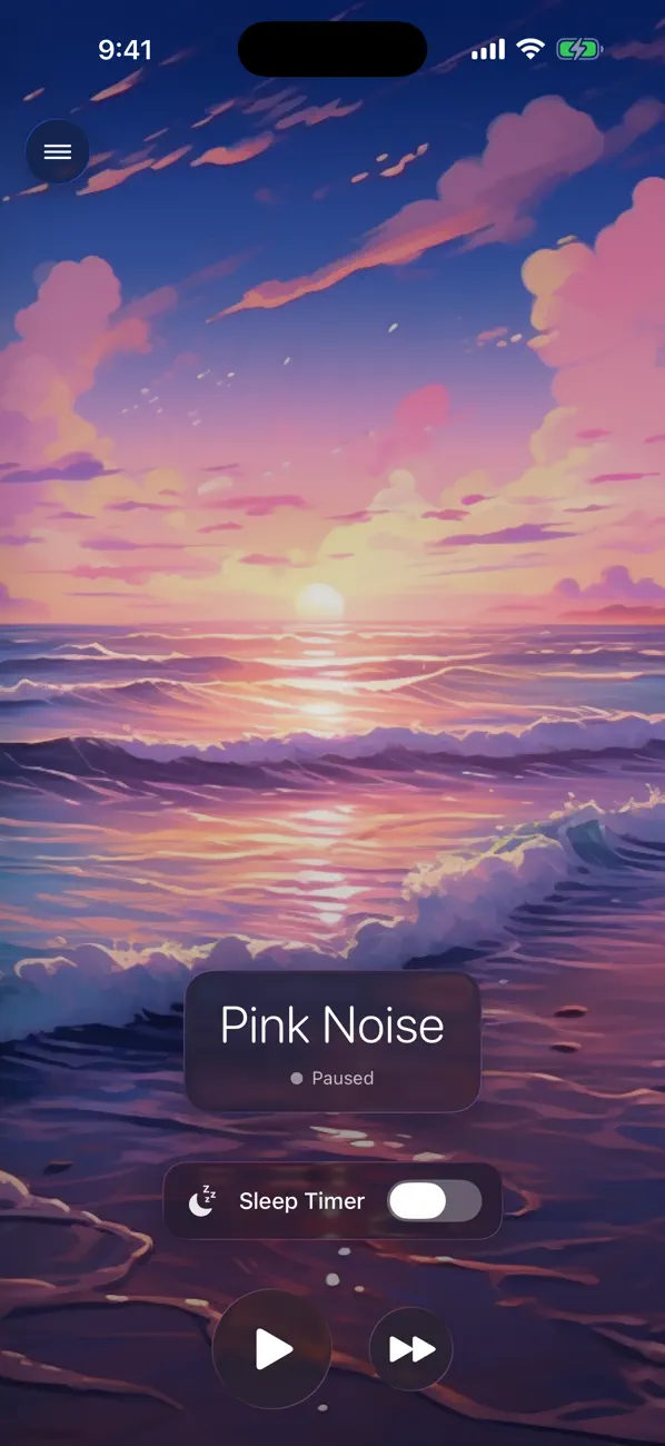 Sereni pink-noise player over a softly lit ocean sunset.