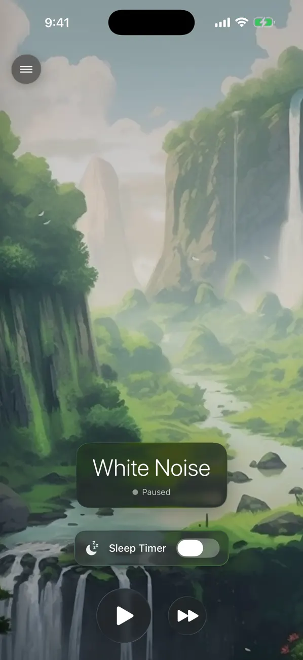 Sereni playing white noise over a peaceful mountain lake scene.