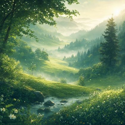Green Noise's landscape: a misty green morning valley