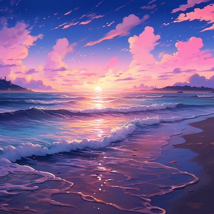 Pink Noise's landscape: a shoreline at dusk under a rose-and-violet sky