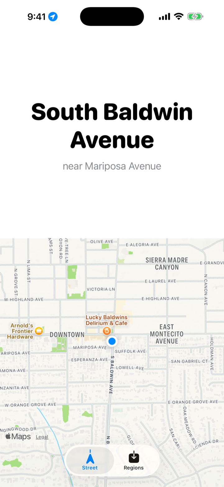 StreetCall showing the current street name above a focused map view.