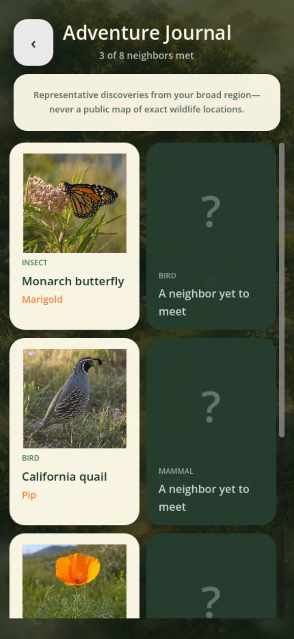The Adventure Journal showing discovered organisms, friendly facts, and personal nature memories.