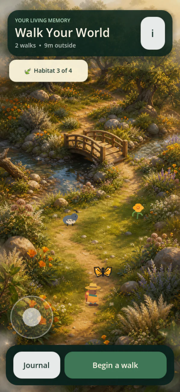 Walk Your World sanctuary with a child explorer, pond, native plants, and animated animal residents.