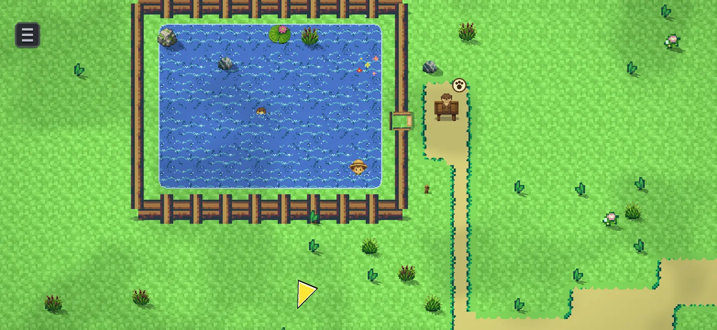 Zoo Friends gameplay in Welcome Meadow with the zookeeper walking beside a fenced pond habitat.