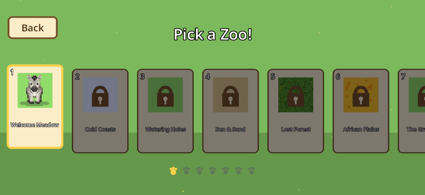 ZooFriends zoo-selection screen with several bright animal habitats.